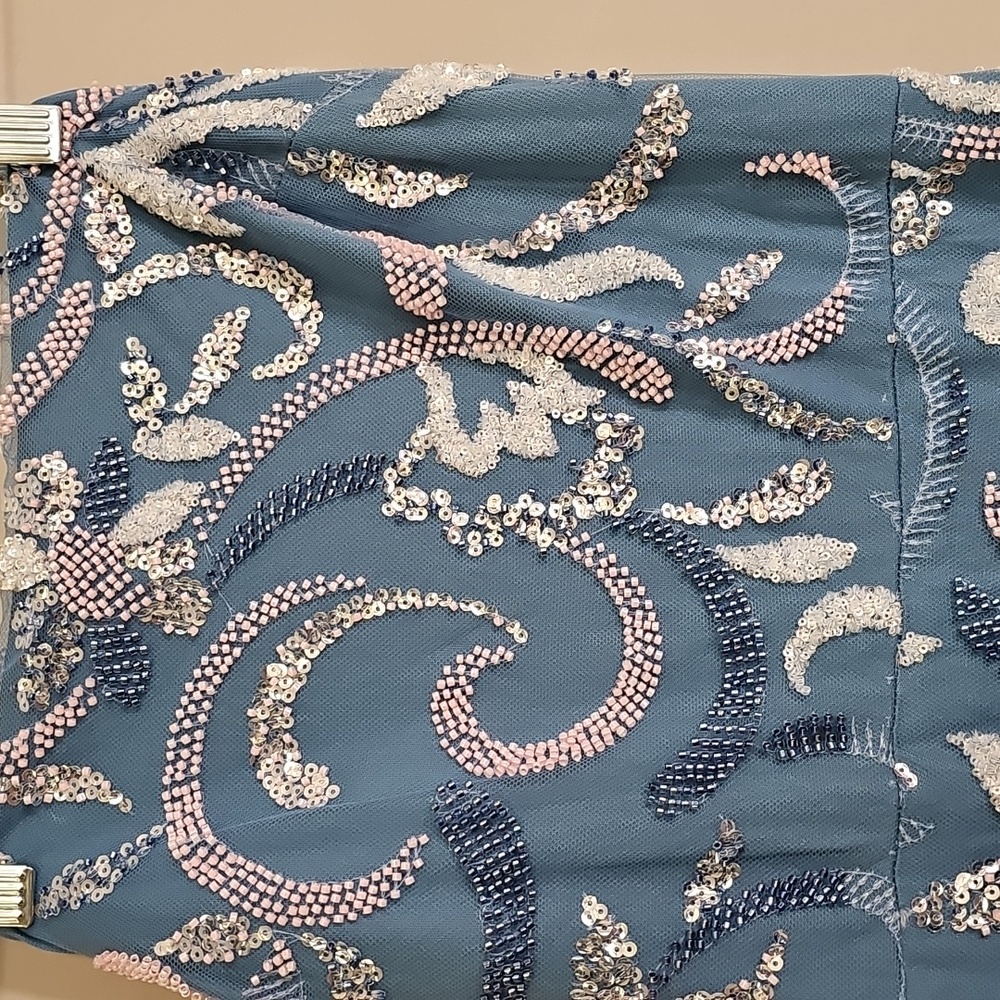 NWOT ELEGANT DUSTY BLUE FULL BEADED AND SEQUINED DRESS IN SMALL - Picture 5 of 8
